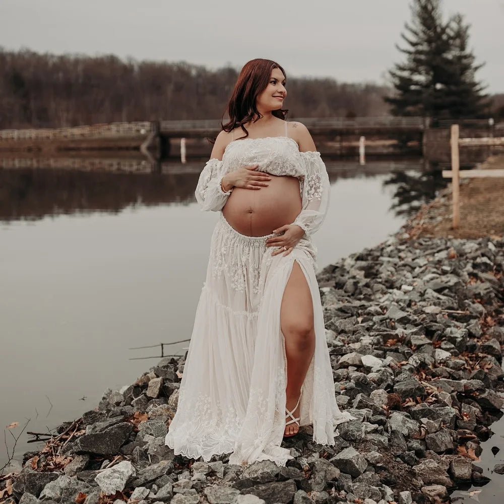 Bohemian Photo Shooting Pregnancy Dress Elegant Gowns Soft Encrypted Mesh Embroidery Lace Flowers Off Shoulder Dresses
