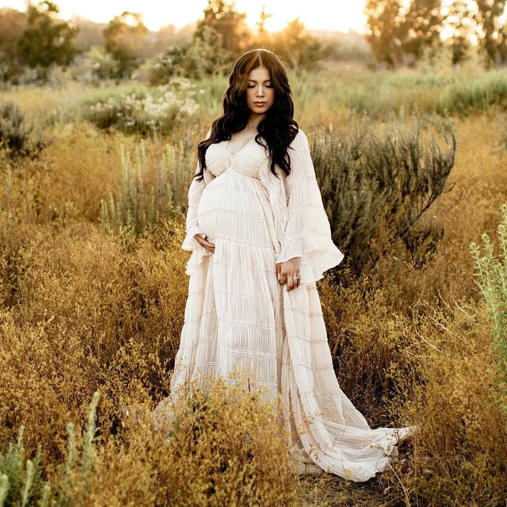 Maternity Pleated Chiffon Tulle Ruffles Dress Boho Style