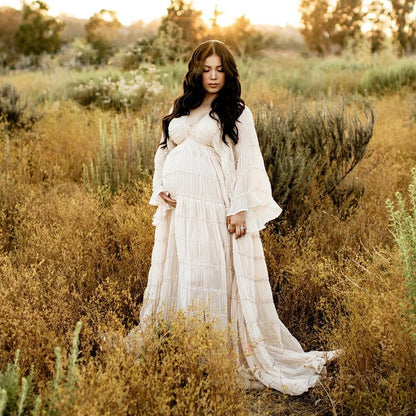 Maternity Pleated Chiffon Tulle Ruffles Dress Boho Style