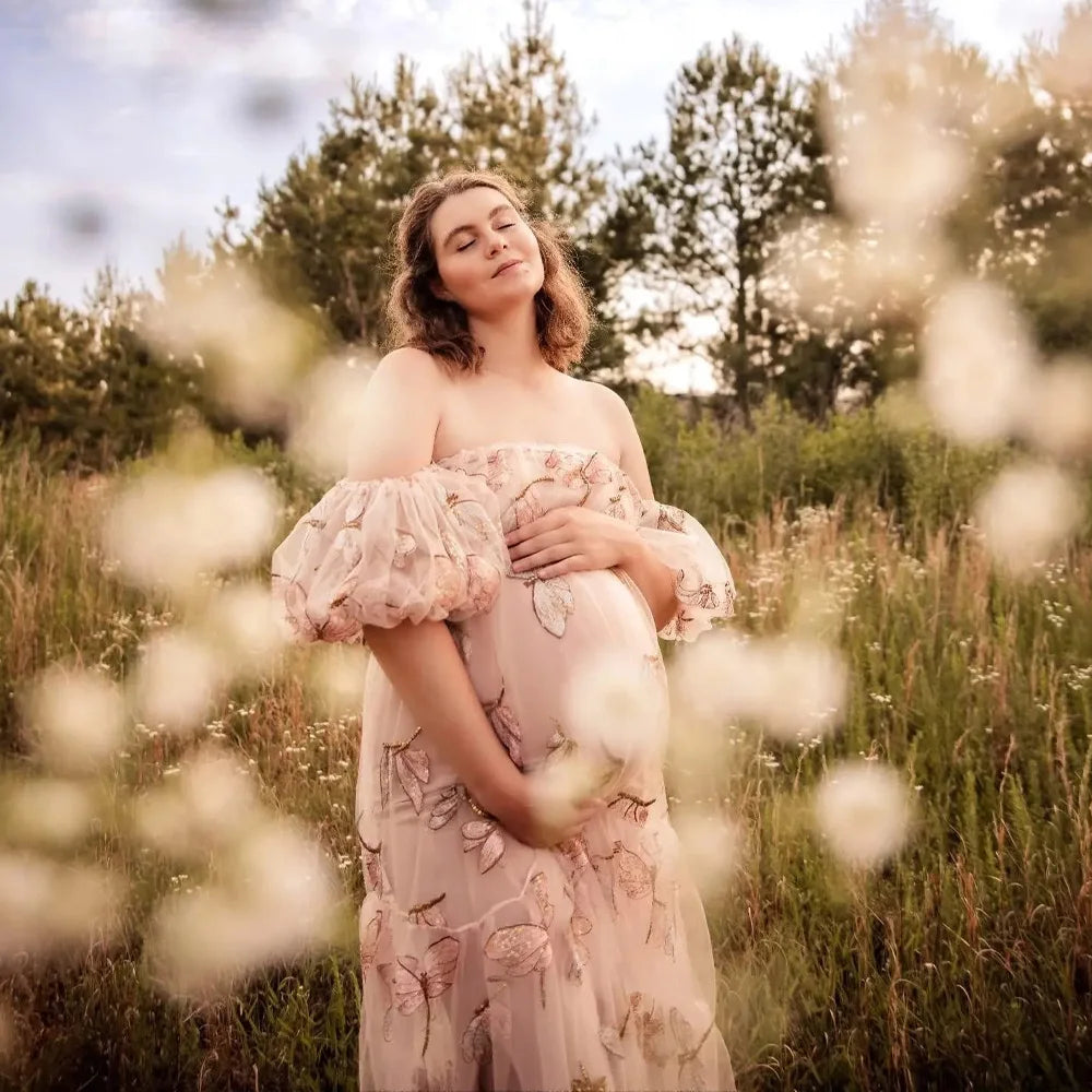Photography Dress For Women Mesh Embroidery  Off Shoulder Puff Sleeve Dress Maternity Dresses Photoshoot Baby Showers Dress