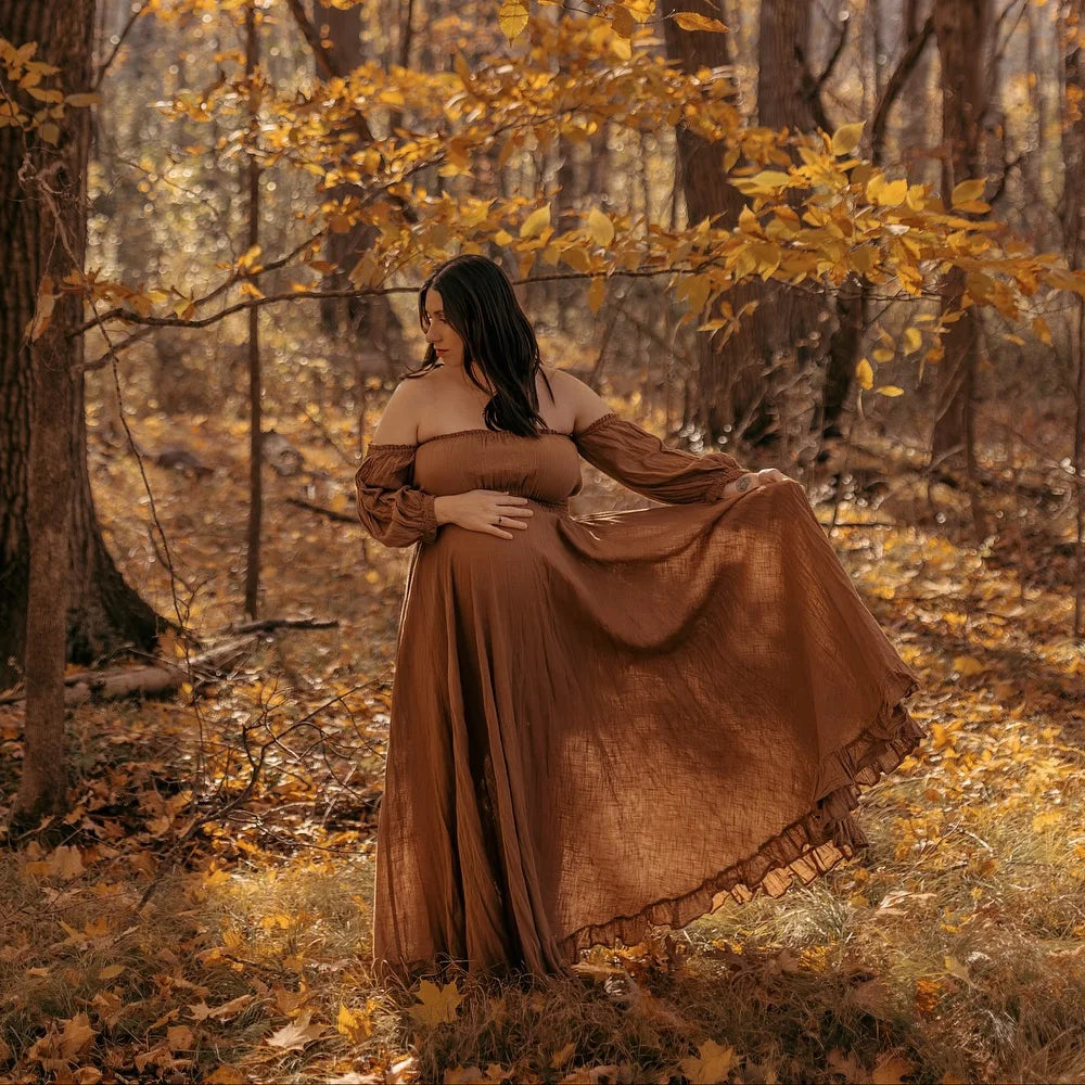 Bohemian Photo Shooting Pregnancy Dress Soft Linen Cotton Off Shoulder Pleated Edge Dress Pregnant Women Photography Dress