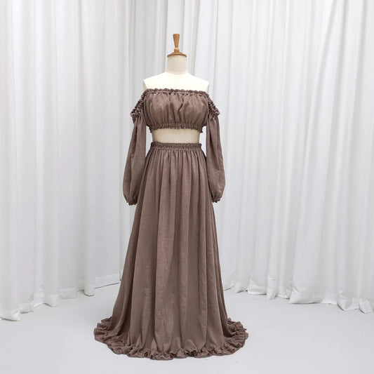 Bohemian Photo Shooting Pregnancy Dress Soft Linen Cotton Off Shoulder Pleated Edge Dress Pregnant Women Photography Dress