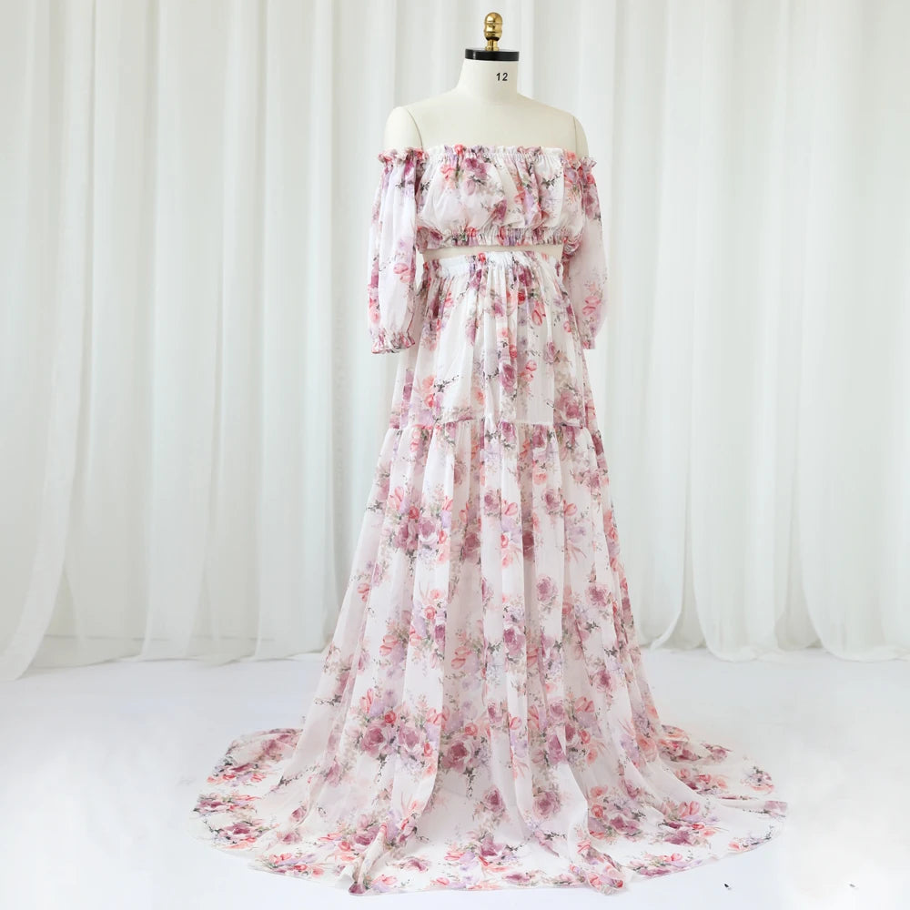 Maternity Dress Floral Chiffon Two-piece Long Sleeved Short Top Baby Showers