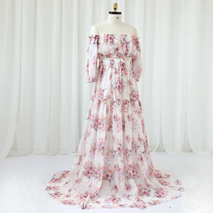 Maternity Dress Floral Chiffon Two-piece Long Sleeved Short Top Baby Showers