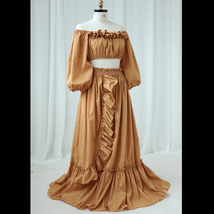 Maternity Baby Showers Cotton One Shoulder Long Sleeved Two-piece Dress