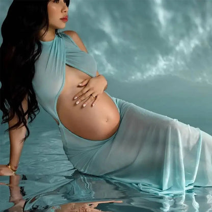 Maternity Sky Blue Sheer Gowns Comfortable Stretch Mesh Open Front Back