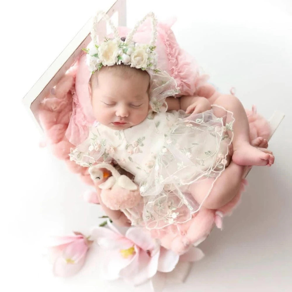 Newborn Baby Girl Floral Embroidered Tulle Tutu Dress Matching Flower Headband Newborn Set