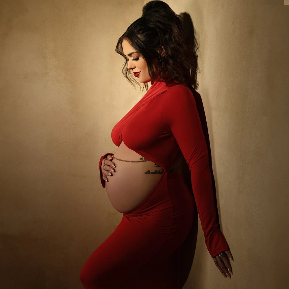 Maternity Elegant Expose Belly Dress Red Floor Mopping