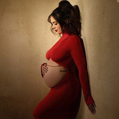 Maternity Elegant Expose Belly Dress Red Floor Mopping