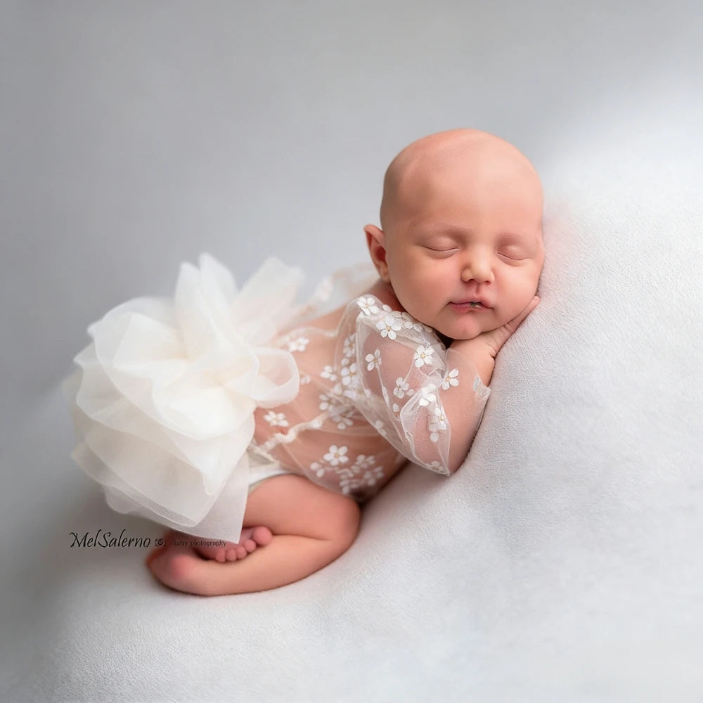 Baby Girl White Lace Tutu Romper Floral Ruffle Sleeve Soft Newborn Photo