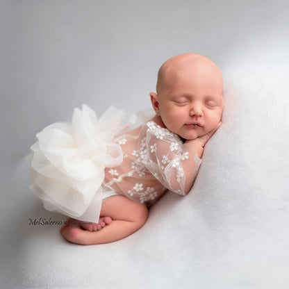 Baby Girl White Lace Tutu Romper Floral Ruffle Sleeve Soft Newborn Photo