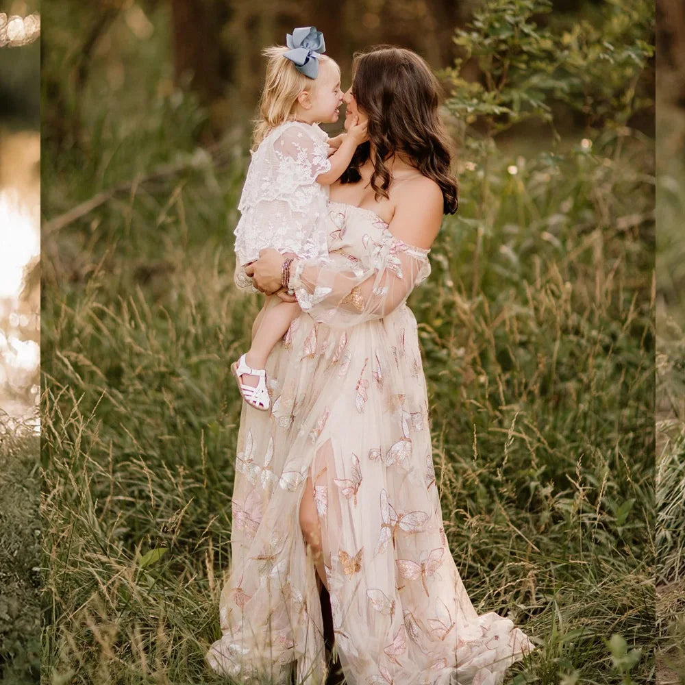 Elegant Photo Shoot Dress For Women Mesh Embroidery Sequins Off Shoulder Long Sleeves Dress Maternity Dresses For Baby Showers