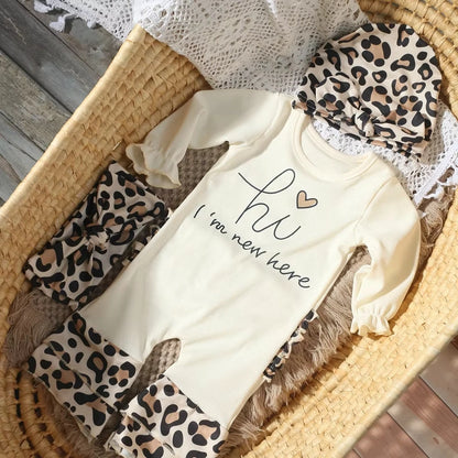 Newborn Baby Girl Romper Set Leopard Print Ribbed Cotton Headband Hi Im New Here