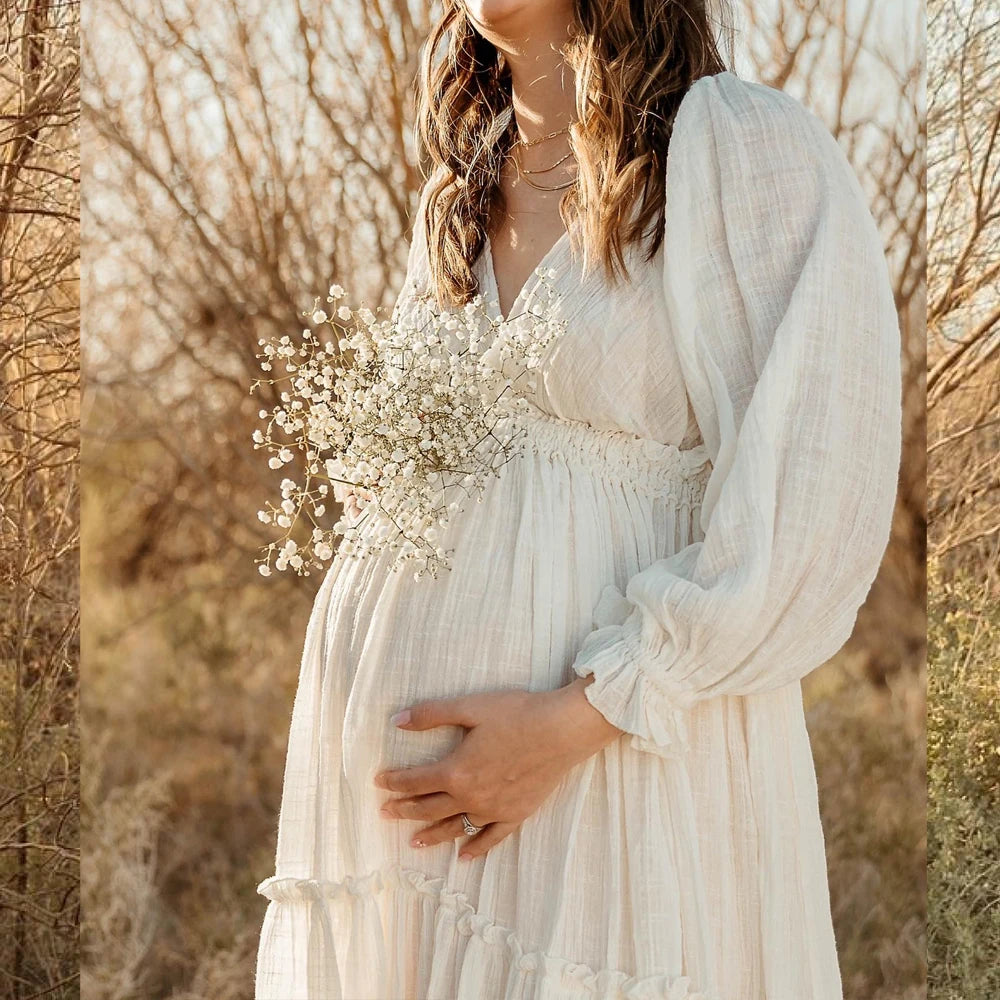 Maternity Linen Cotton Elegant V-neck Baby Showers Dress