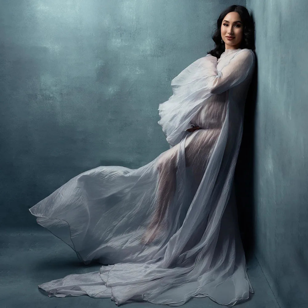 Simple Style Long Sleeve Soft Tulle Dress Clothes For Pregnant Women Floor Length Long Tail Dress Maternity Photo Shoot Dresses