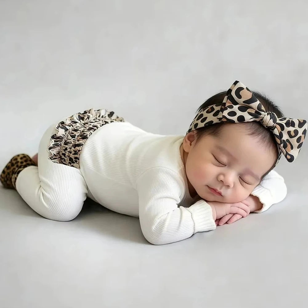Newborn Baby Girl Romper Set Leopard Print Ribbed Cotton Headband Hi Im New Here