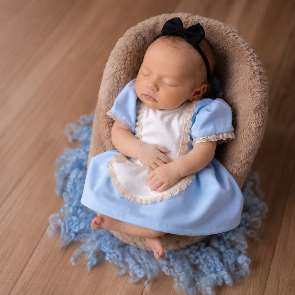Newborn Photography Props Blue Alice Costume Lace Romper Infant Photoshoot Outfits Baby Girl Studio Posing Jumpsuit Clothes