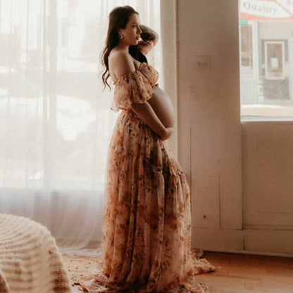 Maternity Rose Chiffon One Shoulder Elastic Short Top Dress
