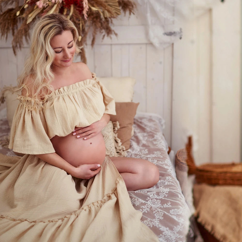 Women Boho Dress Comfortable Linen Cotton Maternity Clothing Vintage  Short Sleeve Dress For Pregnancy Photo Shoot