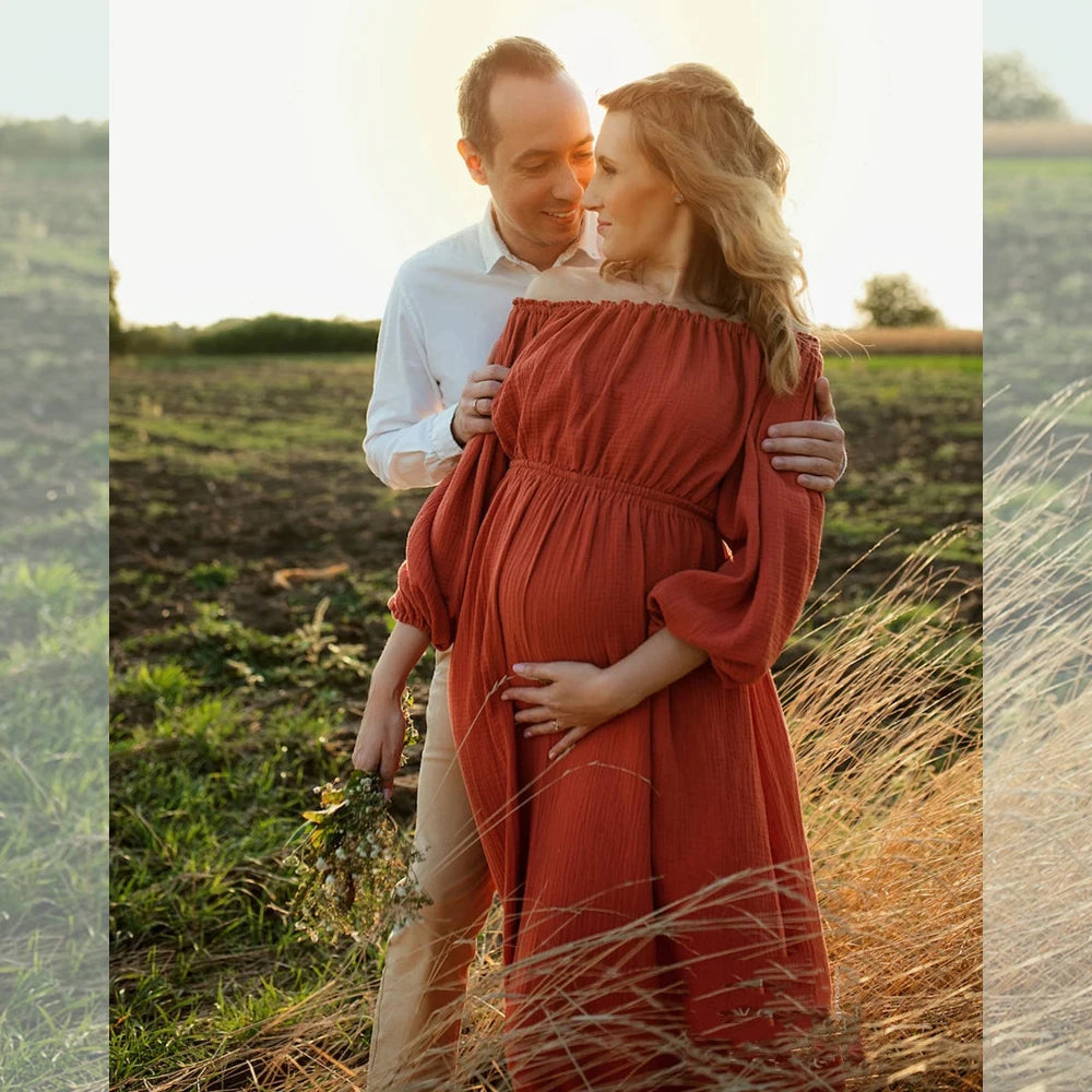 Maternity Bohemian Dress Comfort Linen Cotton One Shoulder Boho Style Baby Shower