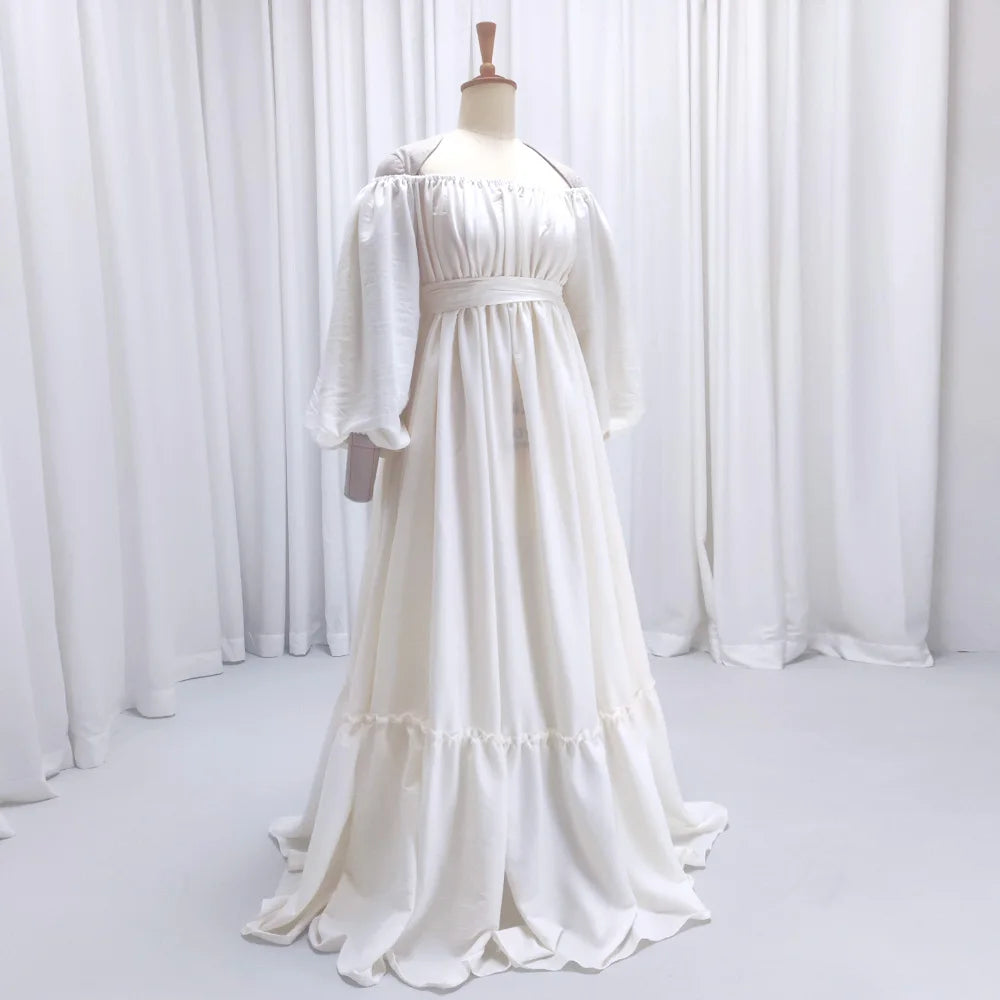 Bohemian Photo Shooting Pregnancy Dress Solid color soft cotton off shoulder waist lace up loose bubble sleeves maternity dress