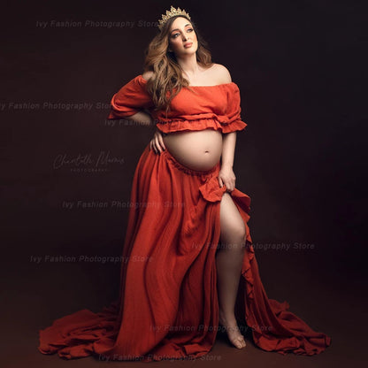 Maternity Bohemian Ruffle Edge Off Shoulder Short Sleeve Linen Cotton Dress Boho Style Baby Shower