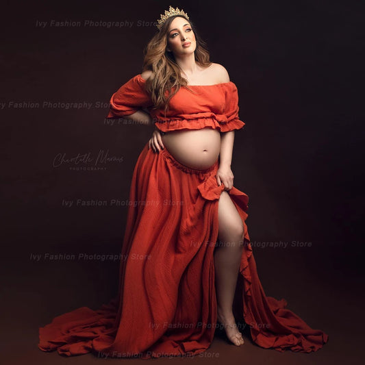 Maternity Bohemian Ruffle Edge Off Shoulder Short Sleeve Linen Cotton Dress Boho Style Baby Shower