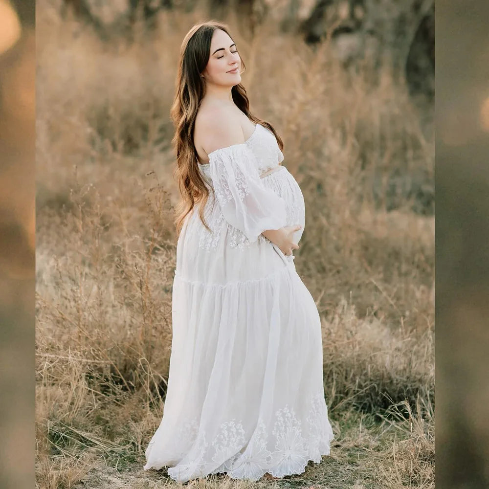 Bohemian Photo Shooting Pregnancy Dress Elegant Gowns Soft Encrypted Mesh Embroidery Lace Flowers Off Shoulder Dresses