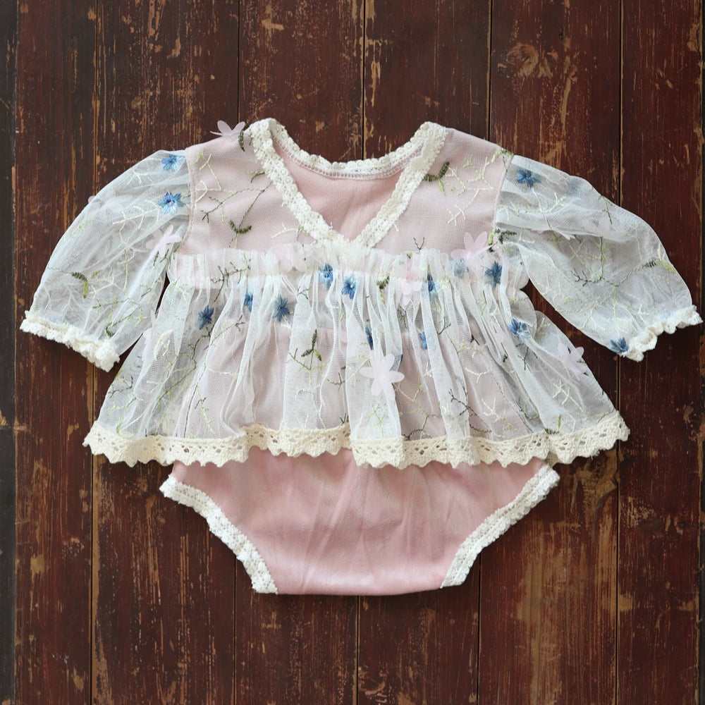 Newborn Girl White Lace Tutu Romper Blue Floral Embroidery Baby Dress Princess