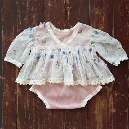 Newborn Girl White Lace Tutu Romper Blue Floral Embroidery Baby Dress Princess