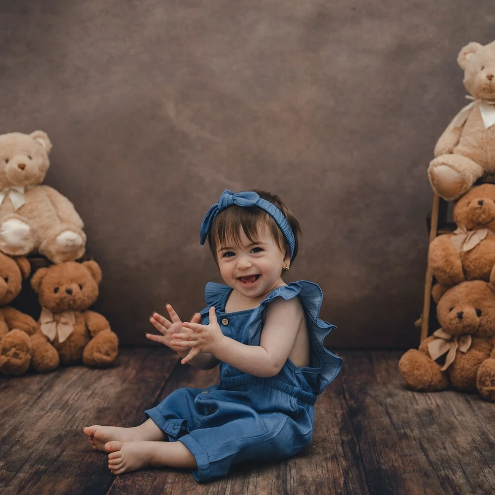 Newborn Photo Baby Girl Blue Ruffle Denim Romper Bunny Headband Set Soft