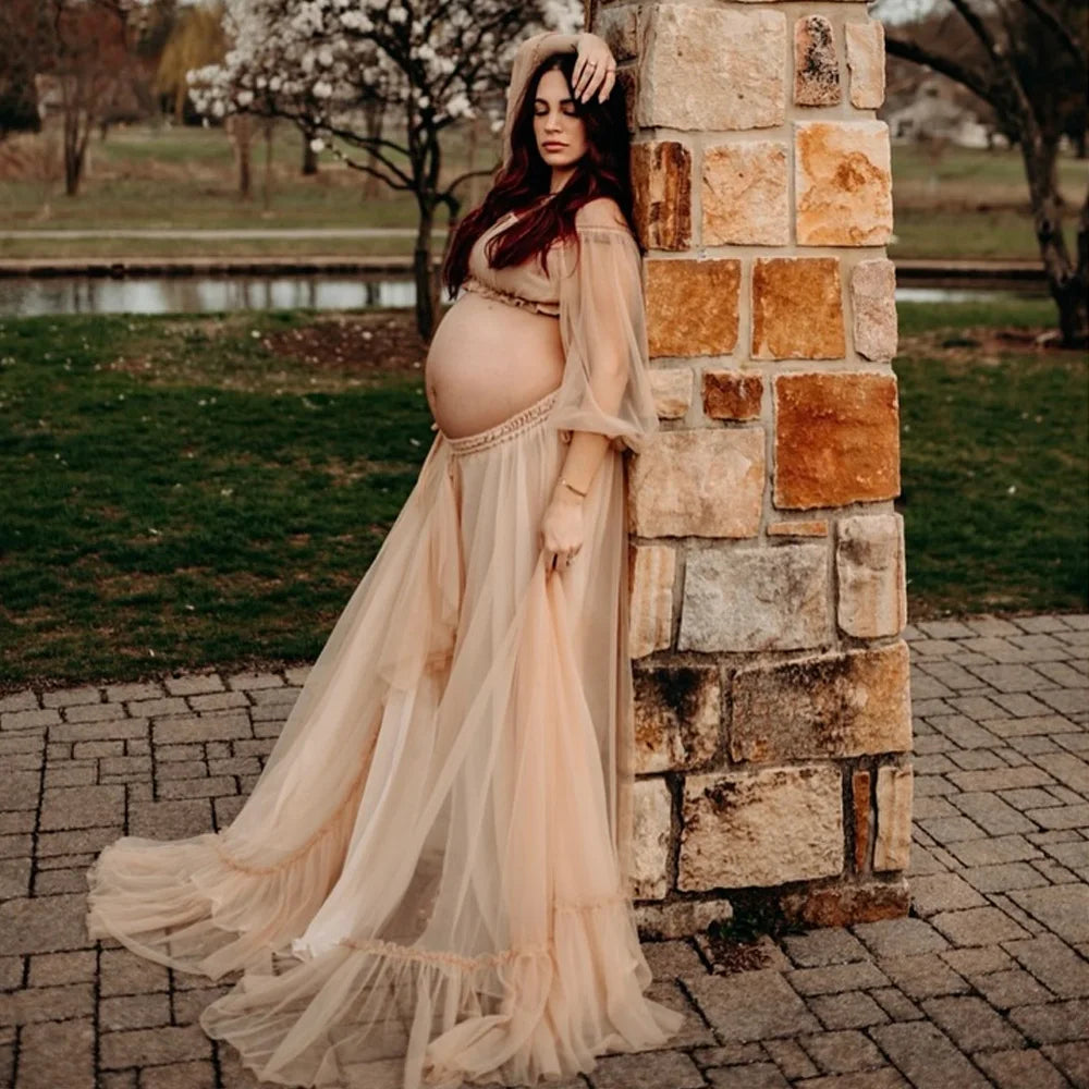 Maternity Dresses For Photo Shoot Sexy Transparent Chiffon Off Shoulder Ruffled Sleeves Two-Piece Dress Baby Showers Dress