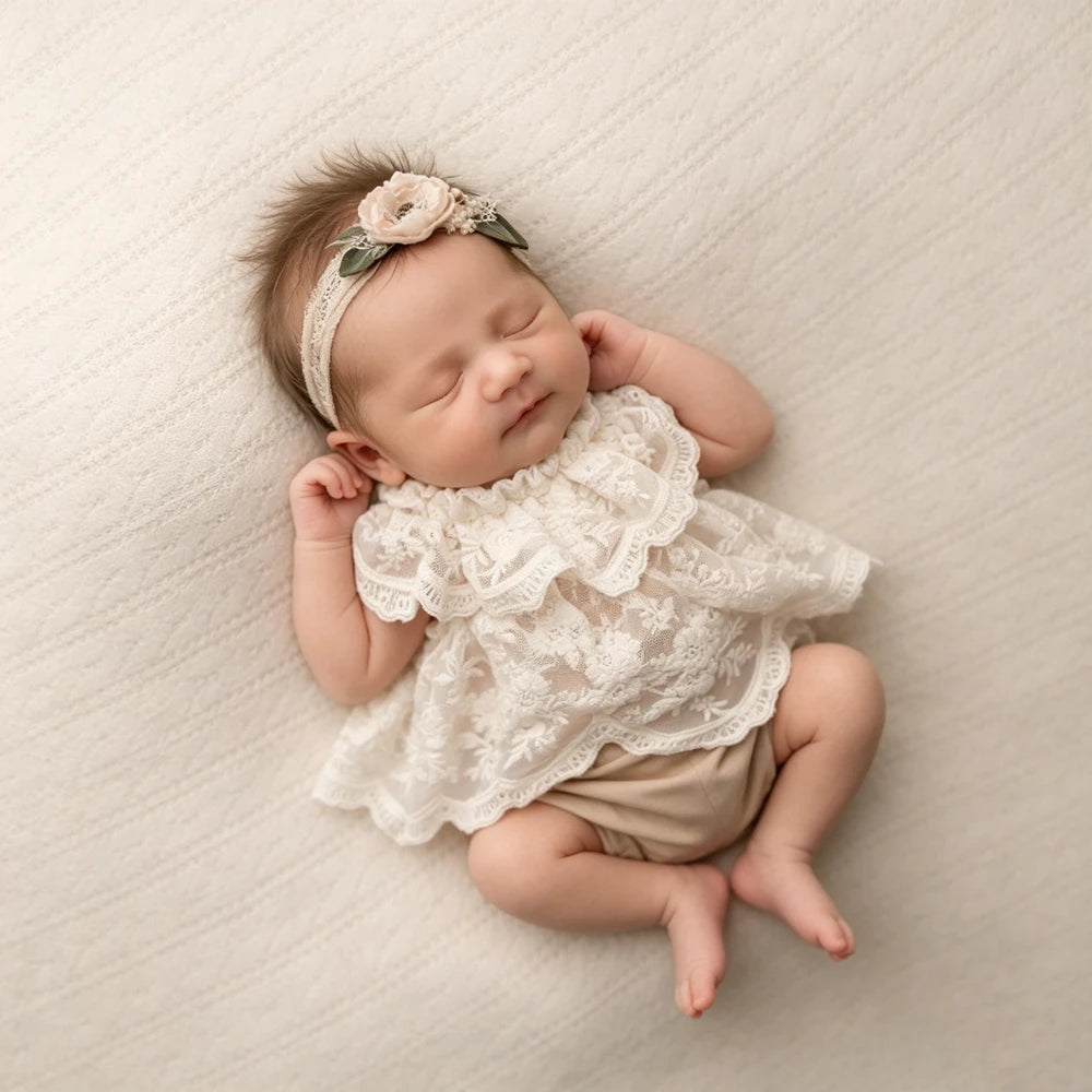 Baby Girl White Lace Ruffle Romper Newborn Dress Back Bow
