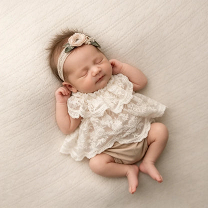 Baby Girl White Lace Ruffle Romper Newborn Dress Back Bow