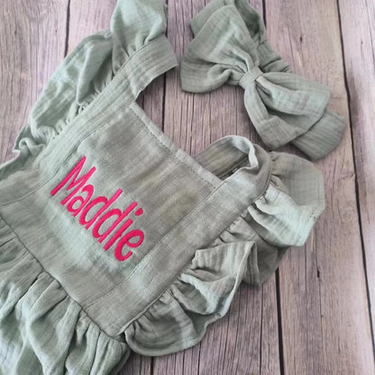Personalized Baby Girl Muslin Romper Ruffle Shoulders Custom Name Embroidery Bow Headband