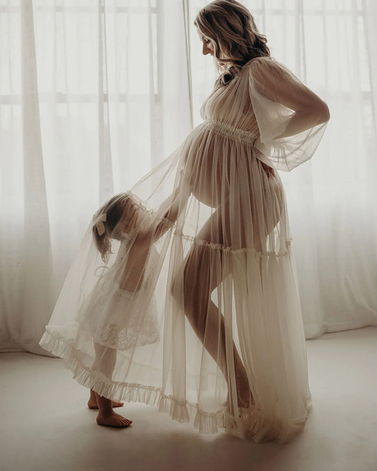 Photography Dress For Women White Transparent Chiffon V-neck Long Sleeved Dress Maternity Dress For Photo Shoot Pregnant