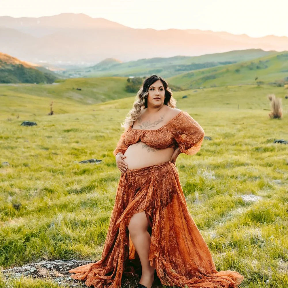 Bohemian Photo Shooting Pregnancy Dress Sequined Lace V-neck Dress Two-piece Set Boho Style Dress Photo Shoot Pregnant