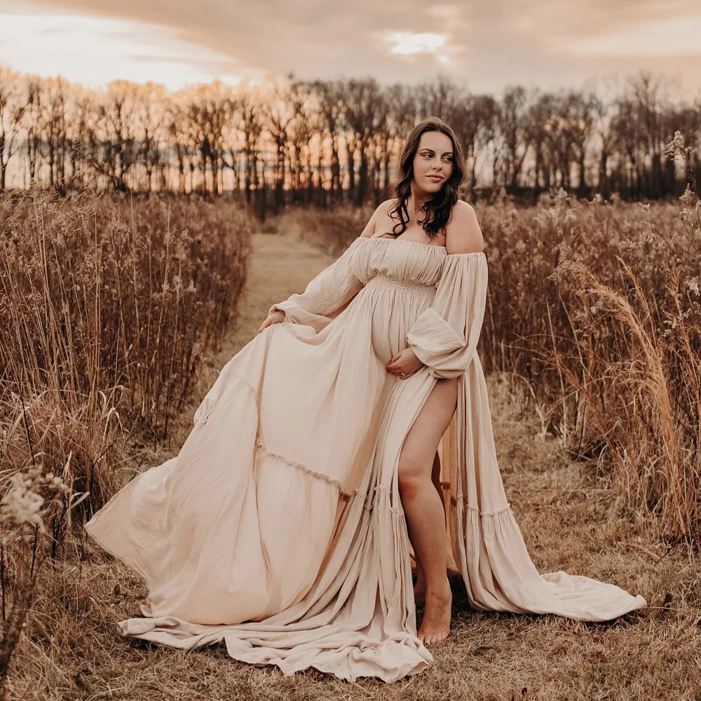 Bohemian Photo Shooting Pregnancy Dress Linen Cotton Off Shoulder Long Sleeved Floor Length Dress Flying Dress For Photography