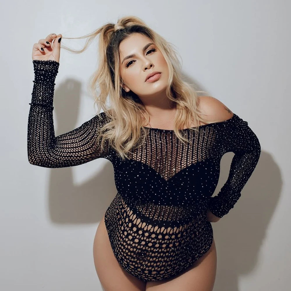 Maternity Fashion Long Sleeve Stretch Jumpsuits Fishnet Underwear Lingerie Plus Size