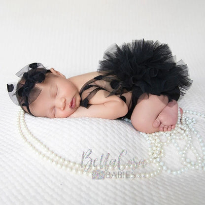 Black Polka Dot Tutu Romper Newborn Baby Girl Tulle Skirt Bow Headband Professional Studio Photos