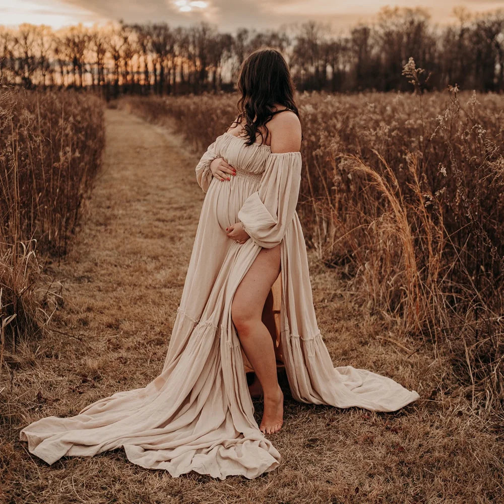 Bohemian Photo Shooting Pregnancy Dress Linen Cotton Off Shoulder Long Sleeved Floor Length Dress Flying Dress For Photography
