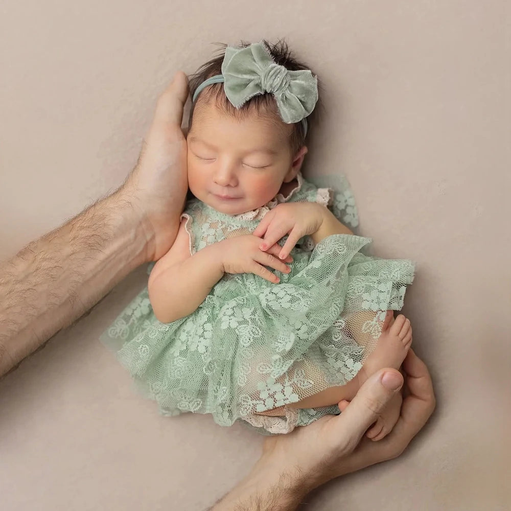 Sage Green Baby Newborn Girl Lace Romper Vintage Dress