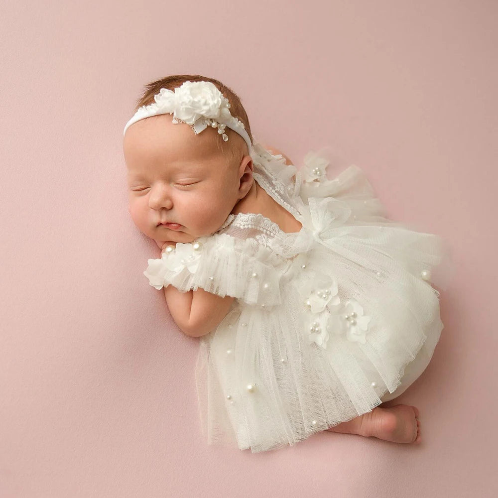 Baby Girl White Tutu Dress Pearl Embellished Ruffle Lace Tulle Skirt Newborn Set