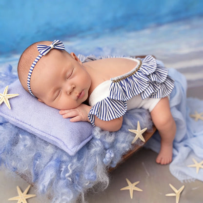 Blue White Stripe Ruffle Romper Baby Off Shoulder Bodysuit Girl