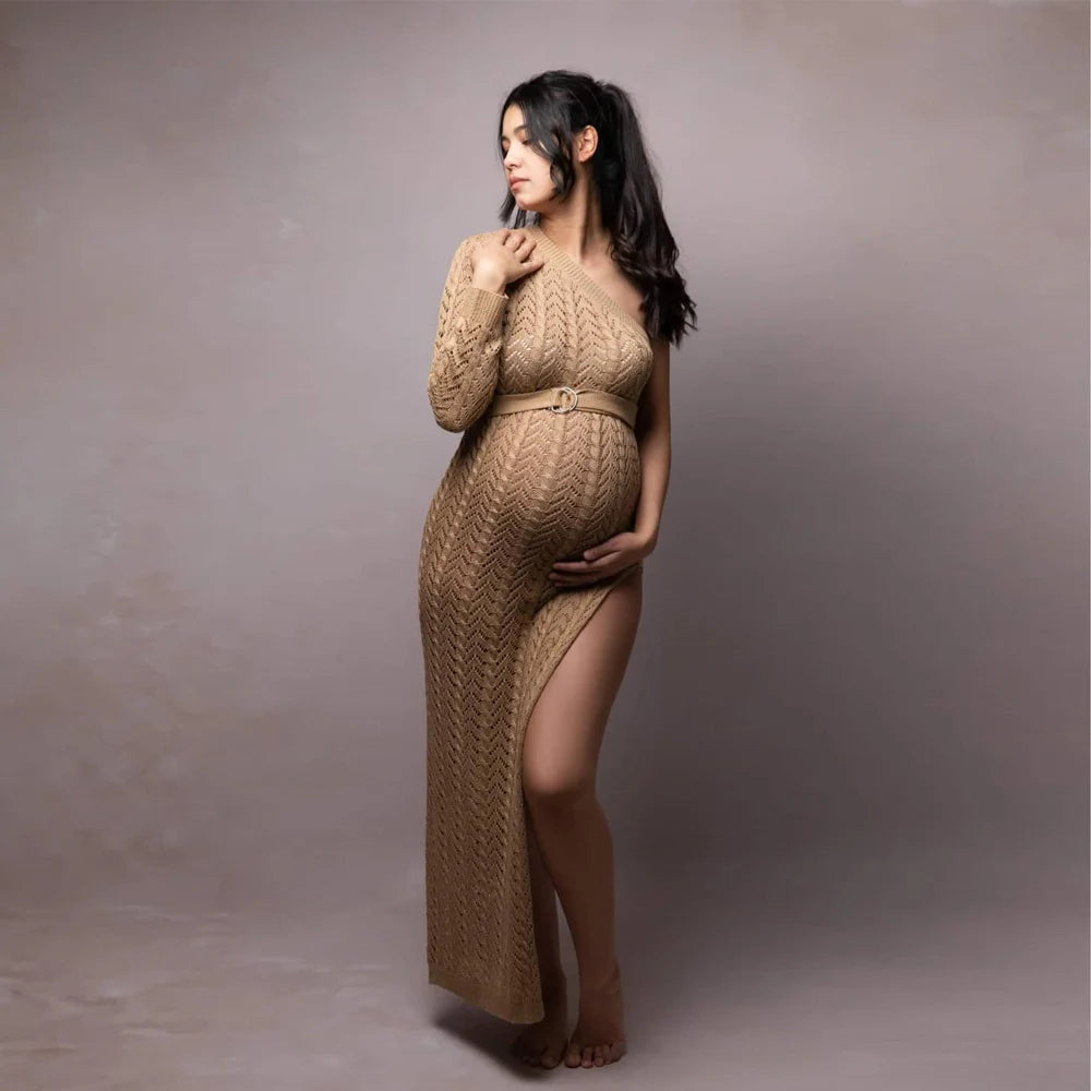 Maternity High Slit Knitted Dress One Shoulder Long Skirt