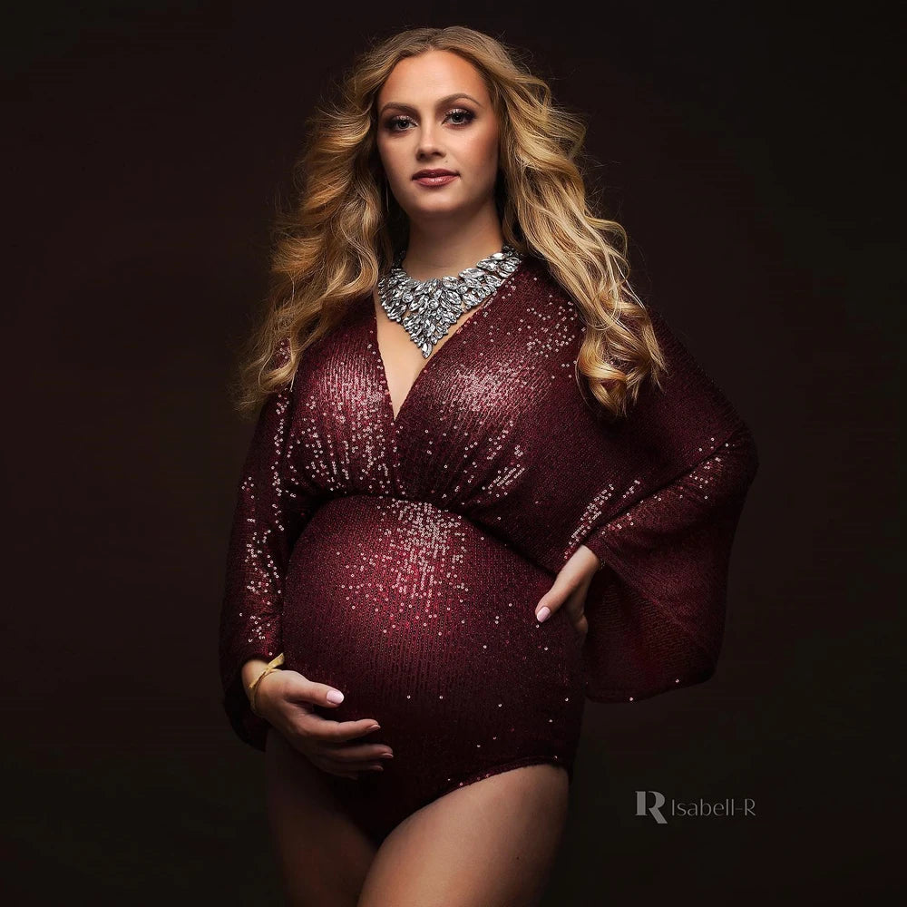 Maternity Sequins Bodysuit Shiny Long Sleeve Jumpsuit