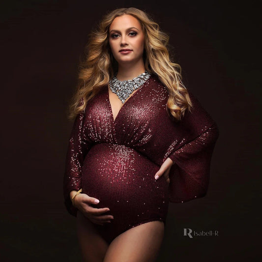 Maternity Sequins Bodysuit Shiny Long Sleeve Jumpsuit