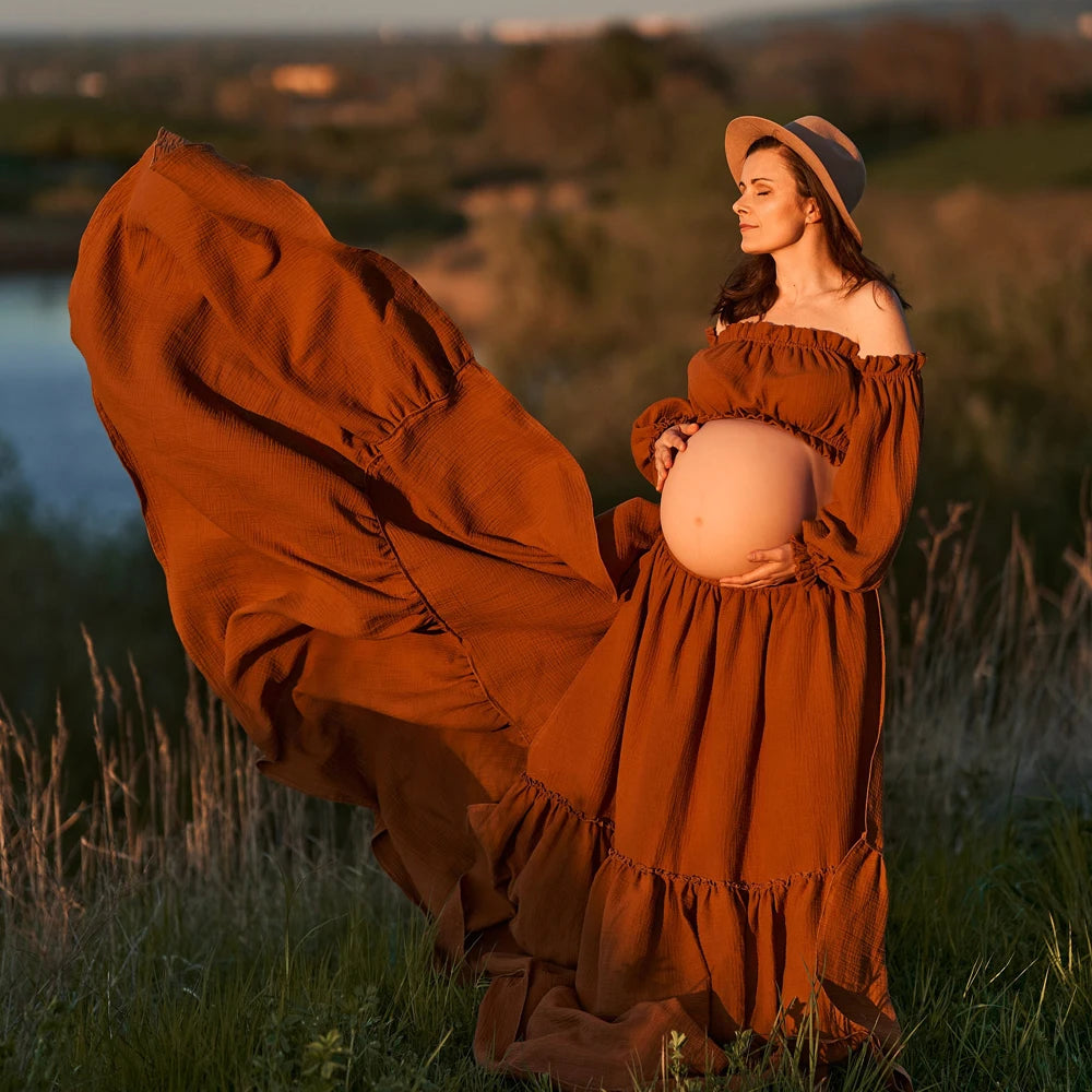 Maternity Bohemian Comfortable Wear Linen Cotton Retro Off Shoulder Top Large Skirt Hem