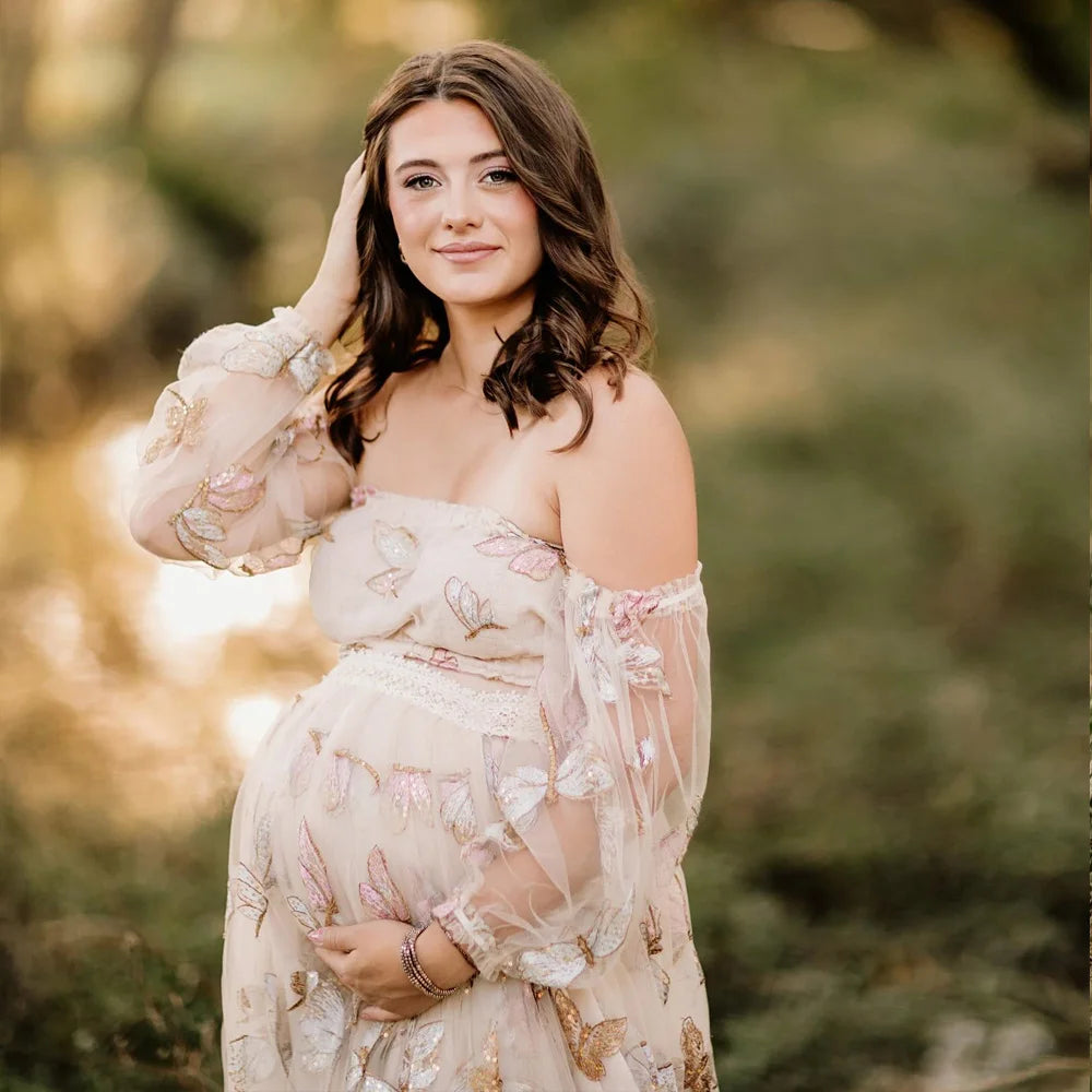 Elegant Photo Shoot Dress For Women Mesh Embroidery Sequins Off Shoulder Long Sleeves Dress Maternity Dresses For Baby Showers