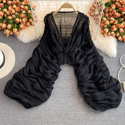 Maternity Pleated Top Female Fold Puff Sleeve Loose